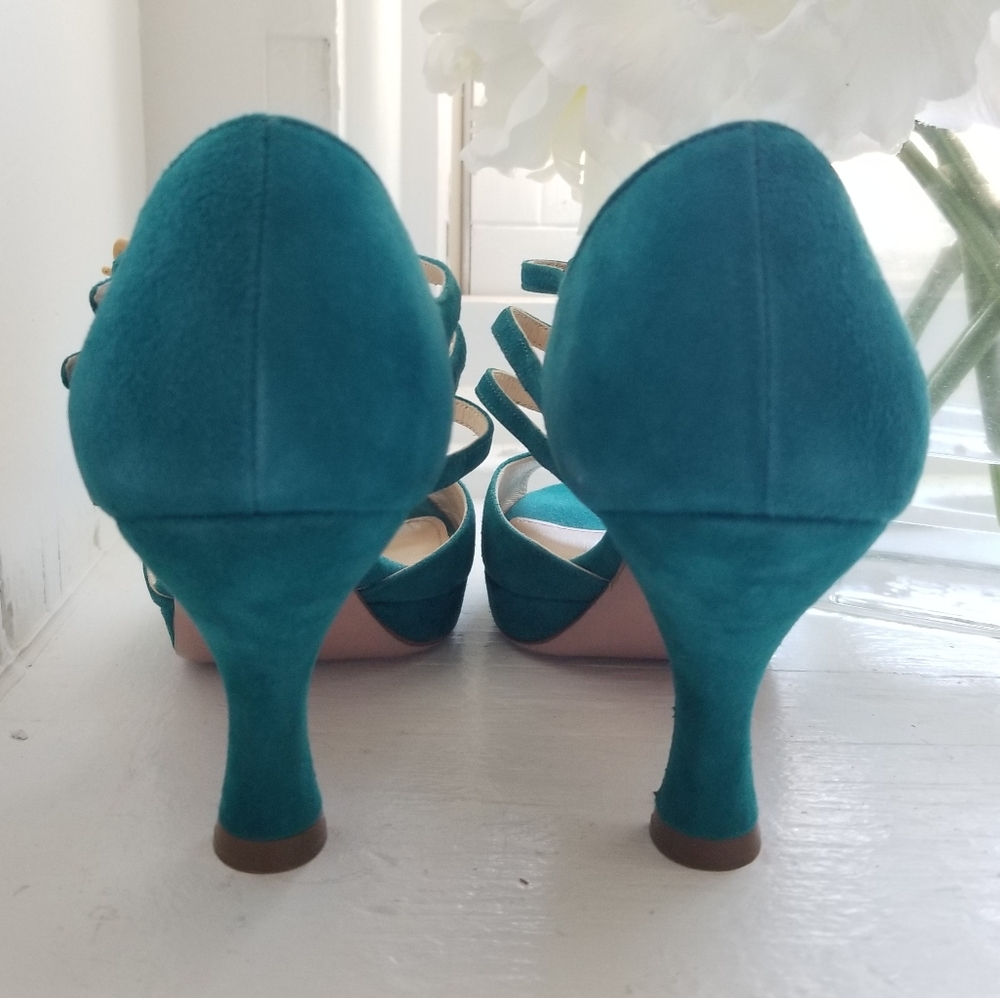 Prada Leather T-strap Open Toe Heels Teal - Picture 5 of 6